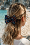 Navy Blue Floral Print Bow Barrette