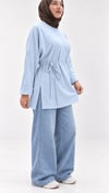 Kadın Buz Mavisi Yırtmaçlı Bağlamalı Duble kol Oversize Oysho Kumaş Bluz