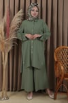 Kadın Haki Kolları Büzgülü Düğmeli Takım