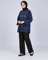 Kadın Lacivert Taş İşlemeli Yırtmaçlı Oversize Oysho Tunik