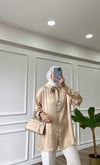 Bej - Fularlı Saten Gömlek