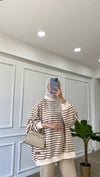 Bej - Oversize Çizgili Sweatshirt