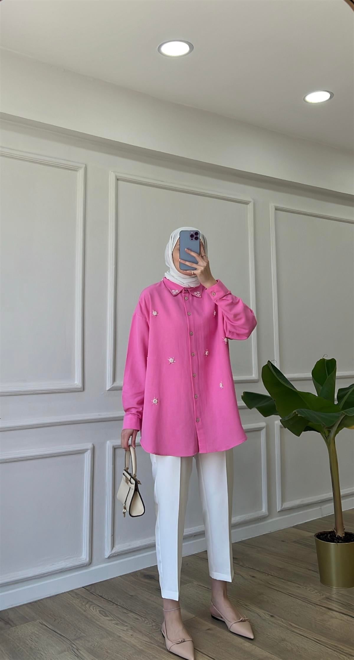 Pembe - Keten İşlemeli Gömlek