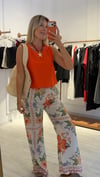Çiçek Desenli Keten Beli Lastikli Bol Paça Pantalon
