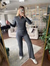 Füme Fermuarlı Dik Yakalı Bol Paça Pantolonlu Yumoş Takım