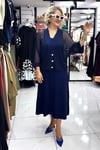 Lacivert Kolsuz Yanları Yırtmaçlı Elbise ile Üzeri File Hırka İkili Takım Elbise