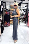 Siyah Renk Tensel Kumaş V Yaka Kolsuz Beli Lastikli Takım