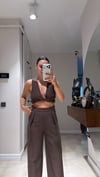 Acı Kahve Ön Bağlamalı Keten Crop Takım
