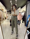 Açık Haki Paça Yırtmaçlı Deri Pantolon