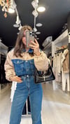 Bej Kapitone Detaylı Jean Ceket