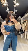 Bej Kapitone Detaylı Jean Ceket