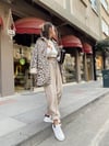 Bej Leopar Desenli Kapitoneli Çıt Çıtlı Ceket