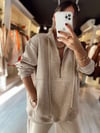 Bej Önden Fermuarlı Kanguru Cepli Oversize Sweat
