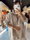 Bej Önden Fermuarlı Kanguru Cepli Oversize Sweat