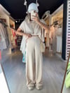 Bej Renk Bisiklet Yaka Krinkıl Kumaş Crop Takım 