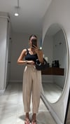 Bej Renk Paça Pileli Beli Bağcıklı Pantolon 
