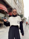 Bej Siyah Boğazlı Triko Detaylı Sweat