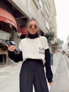 Bej Siyah Boğazlı Triko Detaylı Sweat