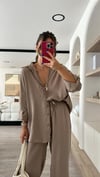 Koyu Bej V Yaka Tensel Kumaş Oversize Gömlek 