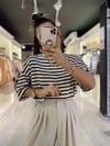 Beyaz Acı Kahve Çizgili Basic Tshirt