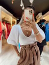 Beyaz Balon Kol V Yaka Crop Bluz