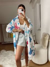 Beyaz Kelebek Baskılı Uzun Oversize Gömlek