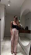 Beyaz Kiremit Çizgili Keten Bol Pantolon