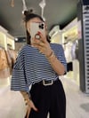 Beyaz Lacivert Çizgili Bisiklet Yaka Tshirt