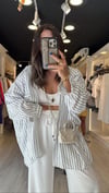 Beyaz Lacivert Çizgili Cepli Oversize Gömlek 