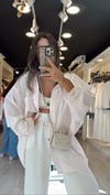 Beyaz Pembe Çizgili Cepli Oversize Gömlek 