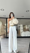 Beyaz Renk Çift Pileli Bol Paça Palazzo Pantolon 