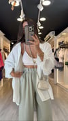 Beyaz Yeşil Çizgili Cepli Oversize Gömlek 