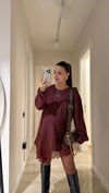 Bordo Dantel Detaylı Saten Triko Elbise