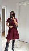 Bordo Kısa Kol Parçalı Kloş Elbise