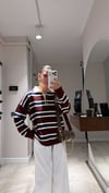 Bordo Krem Çizgili Polo Yaka Kazak