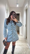 Buz Mavi Ön Düğmeli Mini Denim Elbise
