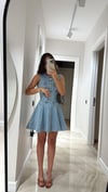 Buz Mavi Sıfır Kol  Denim Elbise