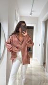 Camel Bordo Çizgili Ön Cepli Oversize Gömlek