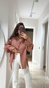 Camel Bordo Çizgili Ön Cepli Oversize Gömlek