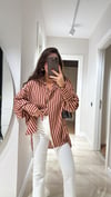 Camel Bordo Çizgili Ön Cepli Oversize Gömlek