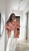 Camel Bordo Çizgili Ön Cepli Oversize Gömlek