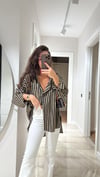 Camel Siyah Çizgili Ön Cepli Oversize Gömlek