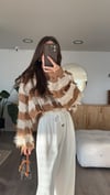 Camel Taş Çizgili Püskül Detaylı Crop Kazak 