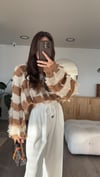 Camel Taş Çizgili Püskül Detaylı Crop Kazak 