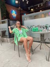 Çimen Yeşili Düğmeli Şortlu Keten Takım 