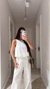 Ekru Balon Model Keten Bluz Takım