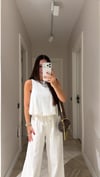 Ekru Balon Model Keten Bluz Takım