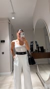 Ekru Bel Yazı Detaylı Pileli Bol Paça Pantolon