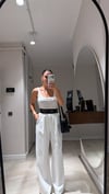 Ekru Bel Yazı Detaylı Pileli Bol Paça Pantolon