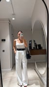 Ekru Bel Yazı Detaylı Pileli Bol Paça Pantolon